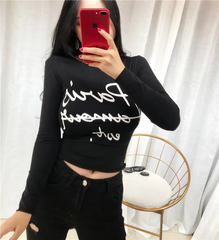 Sexy Elastic Korean Style Paris Printed Slim Fit Long Sleeve Tops