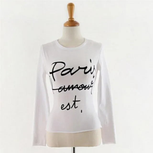 Sexy Elastic Korean Style Paris Printed Slim Fit Long Sleeve Tops