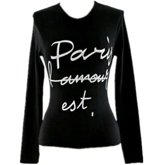 Sexy Elastic Korean Style Paris Printed Slim Fit Long Sleeve Tops