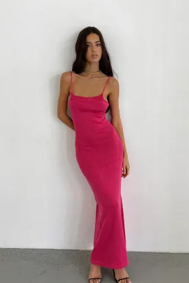 Sexy Rib Knit Scoop Neck Cami Strap Lace Up Backless Knit Slip Midi Dress - Hot Pink