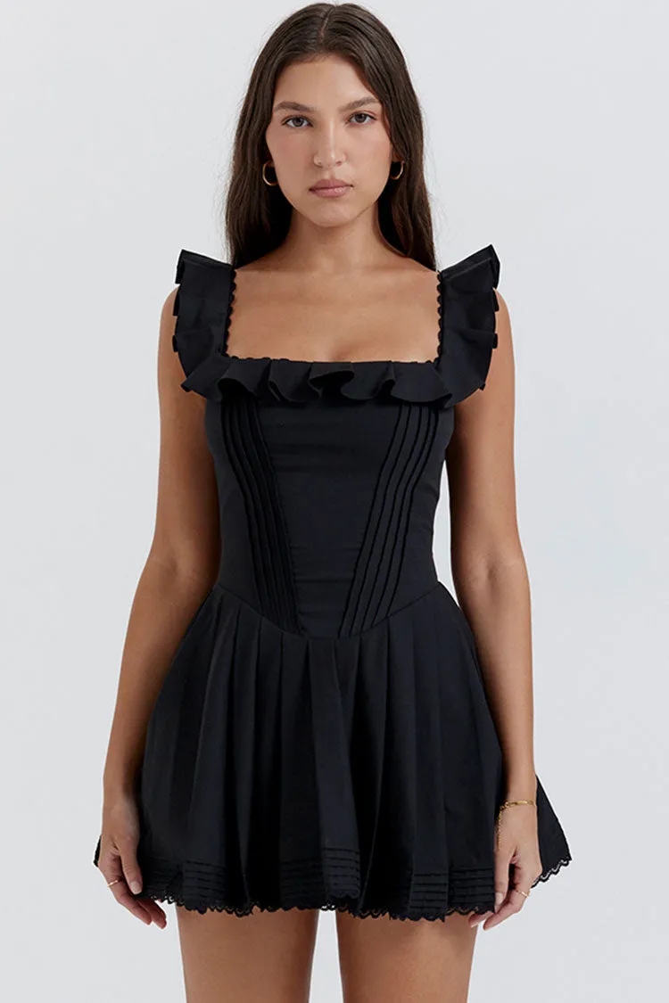 Sexy Ruffle Square Neck Frilled Fit and Flare Drop Waist Summer Mini Sundress - Black