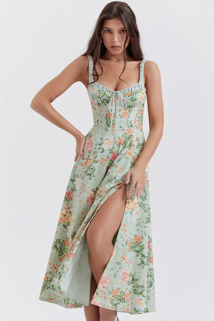 Sexy Tie Neck High Split Floral Printed Summer Midi Sundress - Green