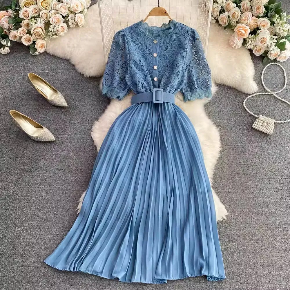 short-sleeved round-neck lace pleated dress elegant long skirt     S4312