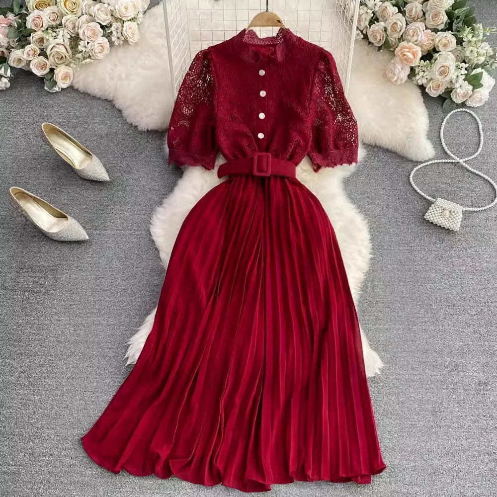 short-sleeved round-neck lace pleated dress elegant long skirt     S4312