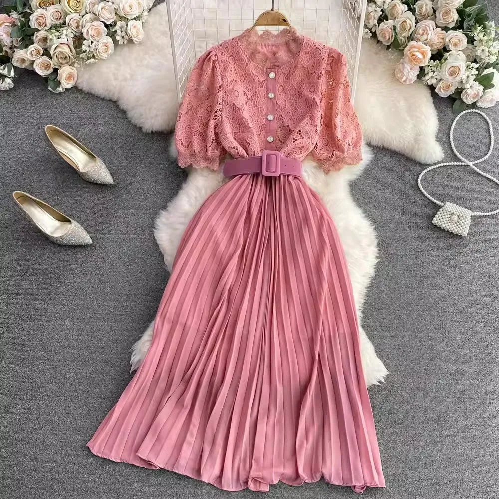 short-sleeved round-neck lace pleated dress elegant long skirt     S4312