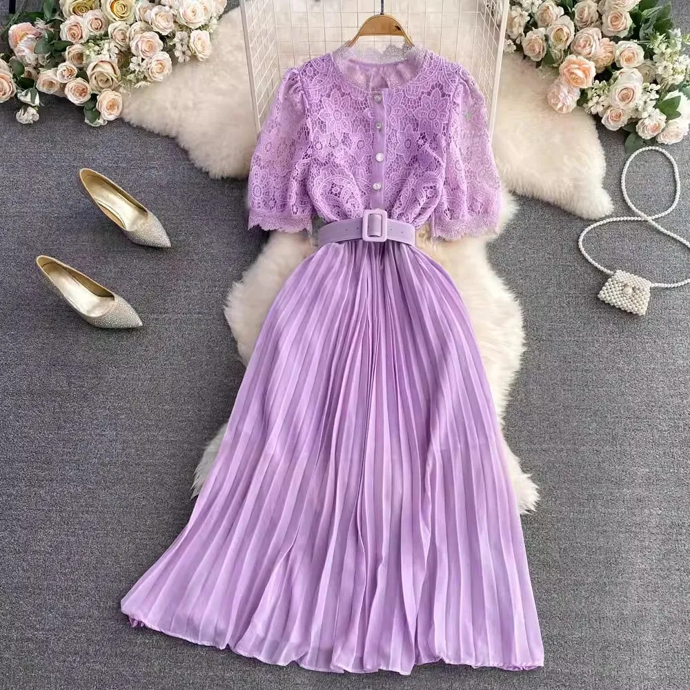 short-sleeved round-neck lace pleated dress elegant long skirt     S4312