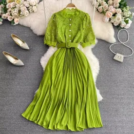 short-sleeved round-neck lace pleated dress elegant long skirt     S4312