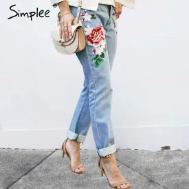 Simplee Floral embroidery jeans female Winter zipper straight denim pants jeans women Fashion pocket light blue trousers jeans