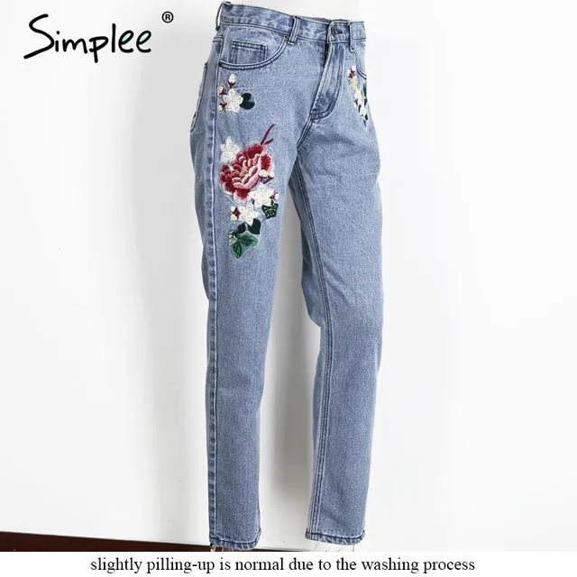 Simplee Floral embroidery jeans female Winter zipper straight denim pants jeans women Fashion pocket light blue trousers jeans