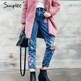 Simplee Flower embroidery jeans female High waist birds zipper straight denim pants jeans Women 2017 pocket blue trousers jeans