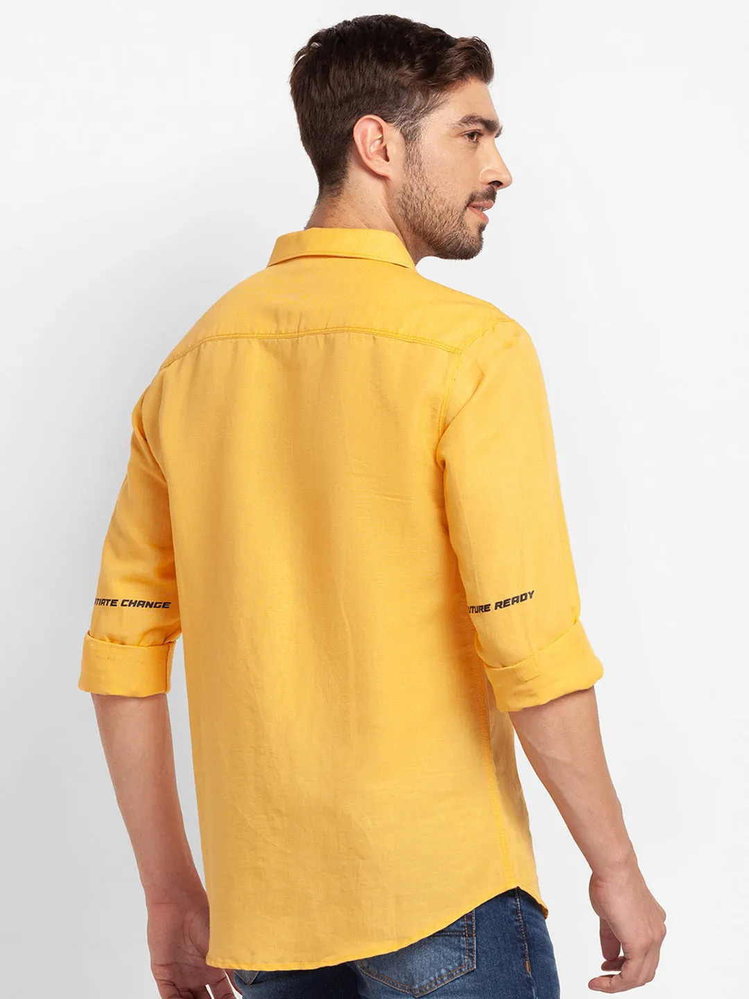 Spykar Chrome Yellow Cotton Full Sleeve Plain Shirt For Men