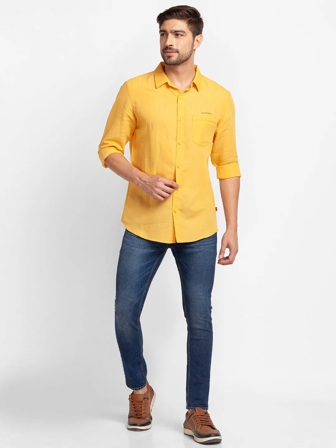 Spykar Chrome Yellow Cotton Full Sleeve Plain Shirt For Men