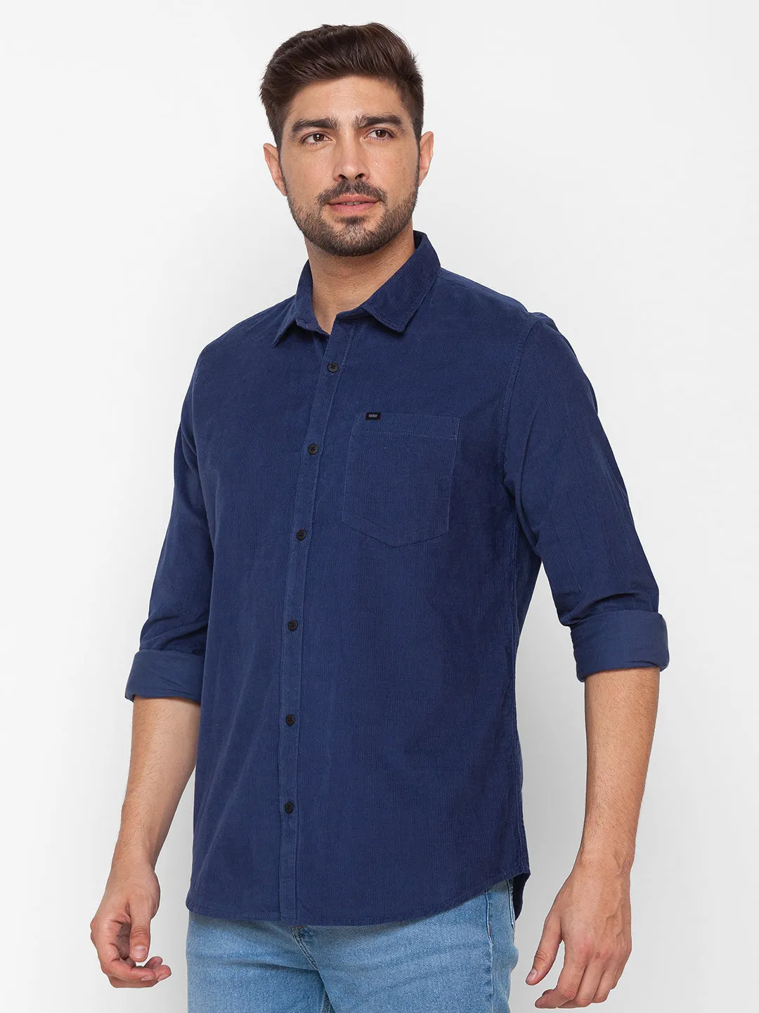 Spykar Indigo Blue Cotton Full Sleeve Plain Shirt For Men