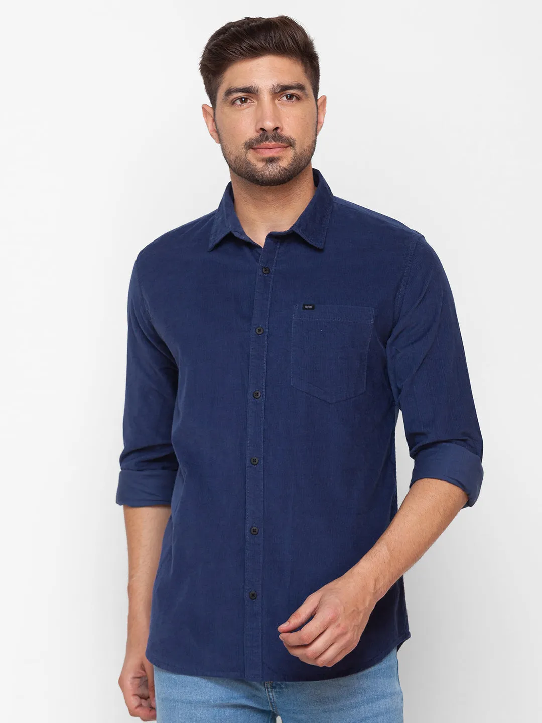 Spykar Indigo Blue Cotton Full Sleeve Plain Shirt For Men