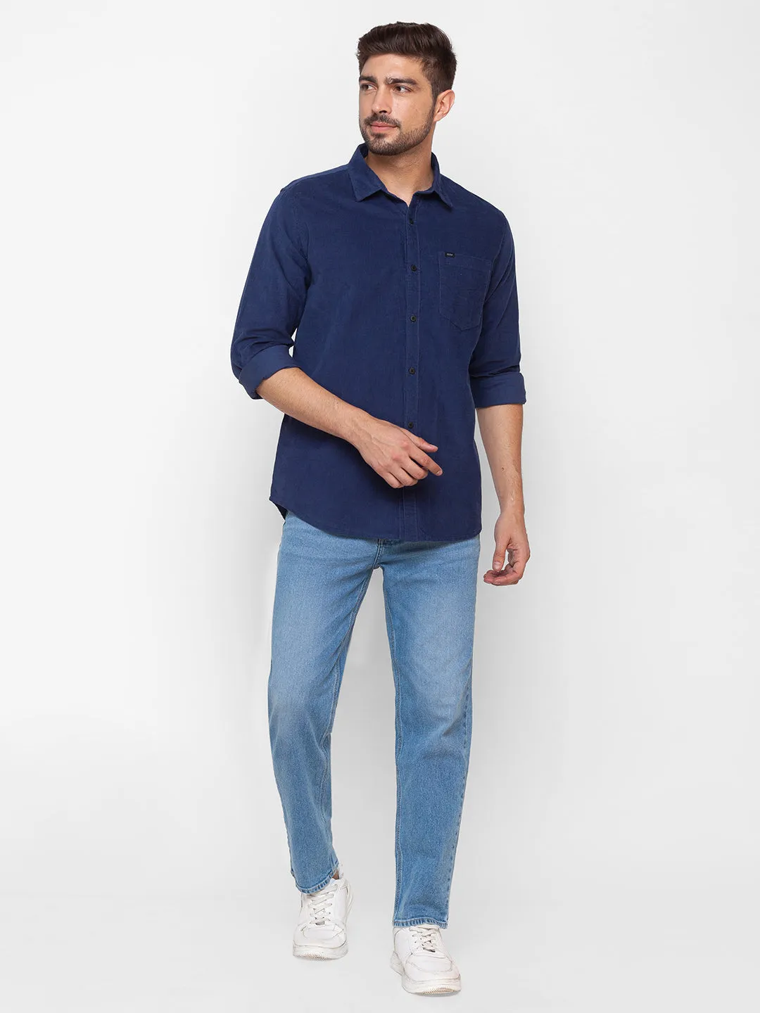 Spykar Indigo Blue Cotton Full Sleeve Plain Shirt For Men