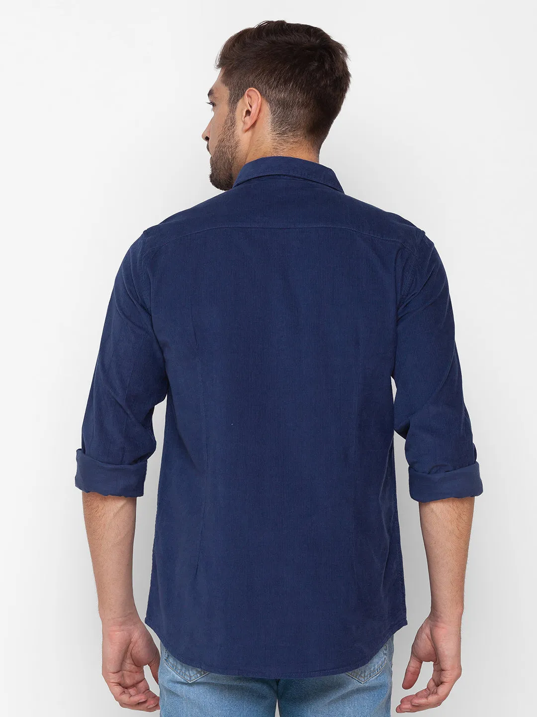 Spykar Indigo Blue Cotton Full Sleeve Plain Shirt For Men