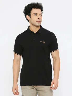 Spykar Men Black Cotton Regular Fit Half Sleeve Plain Polo Tshirt