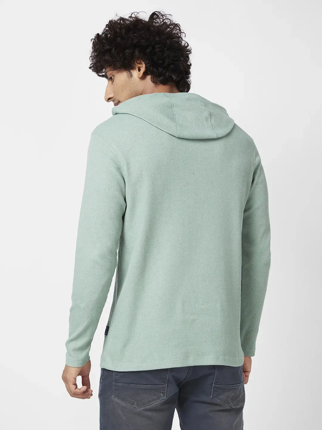 Spykar Men Dusty Pista Green Blended Slim Fit Full Sleeve Hooded Casual Hooded Tshirt