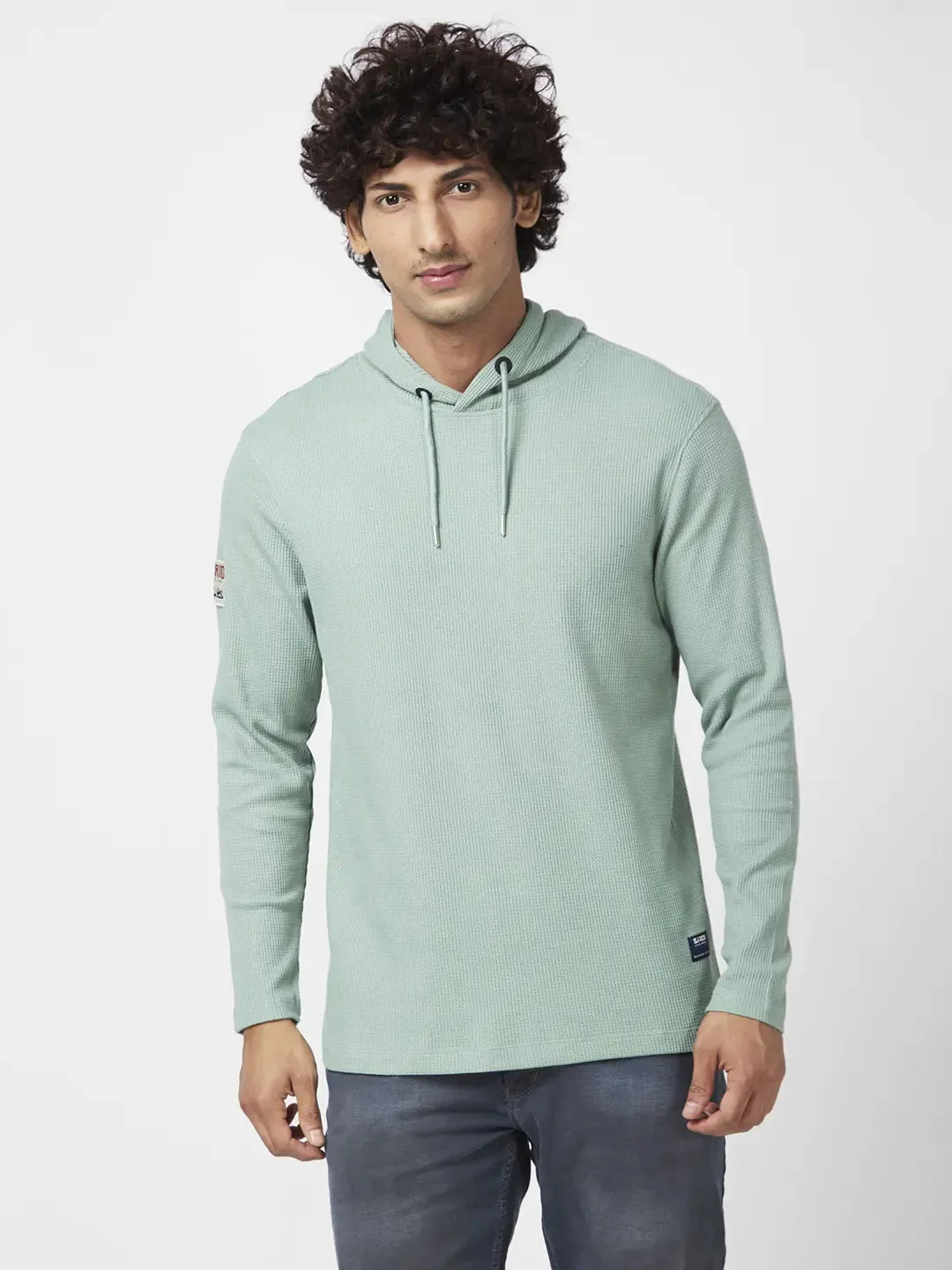 Spykar Men Dusty Pista Green Blended Slim Fit Full Sleeve Hooded Casual Hooded Tshirt