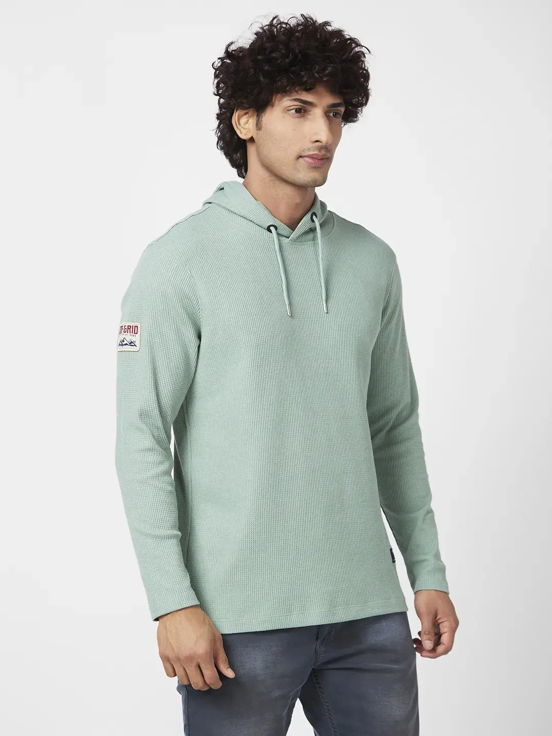 Spykar Men Dusty Pista Green Blended Slim Fit Full Sleeve Hooded Casual Hooded Tshirt