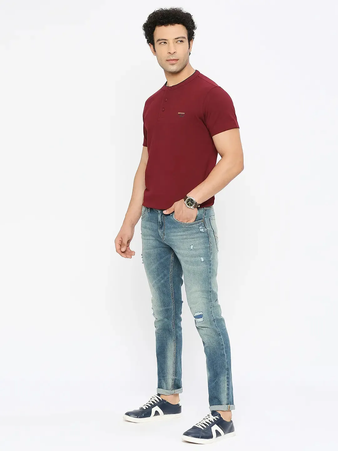 Spykar Men Mid Blue Cotton Slim Fit Narrow Length Clean Look Low Rise Jeans-(Skinny)