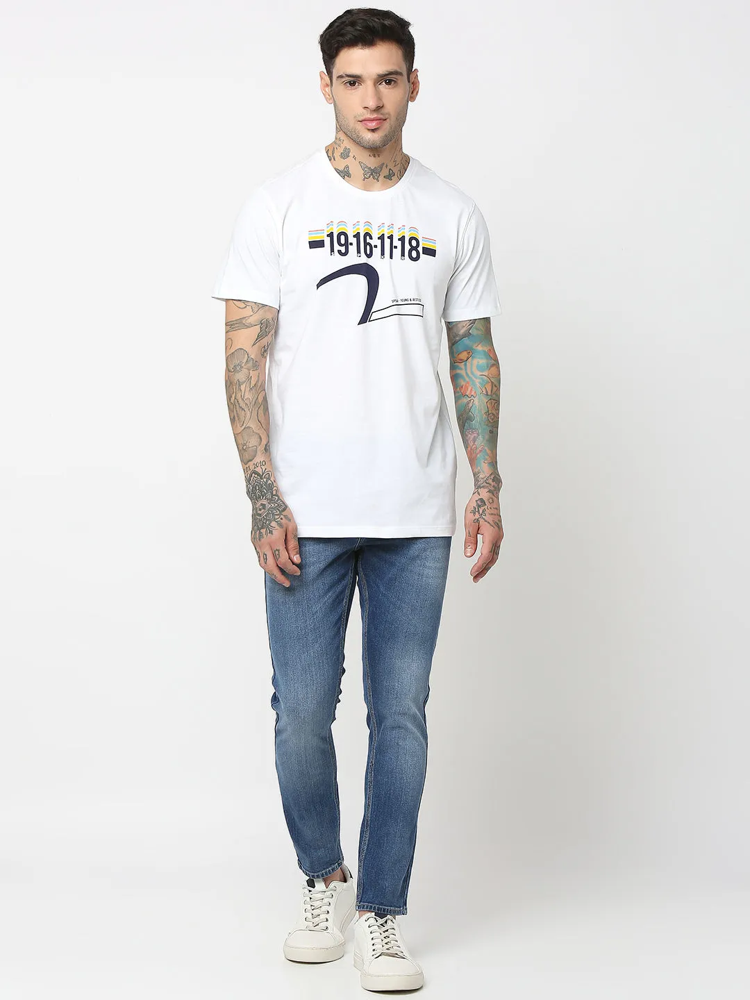 Spykar Men White Cotton Slim Fit Round Neck Printed T-Shirt