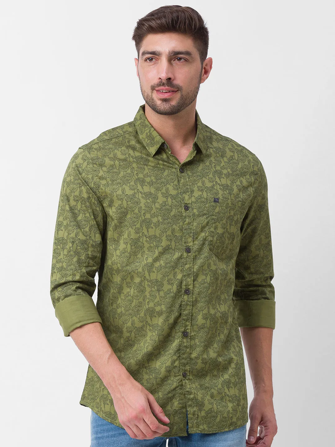 Spykar Moss Green Cotton Full Sleeve Printed Shirt For Men