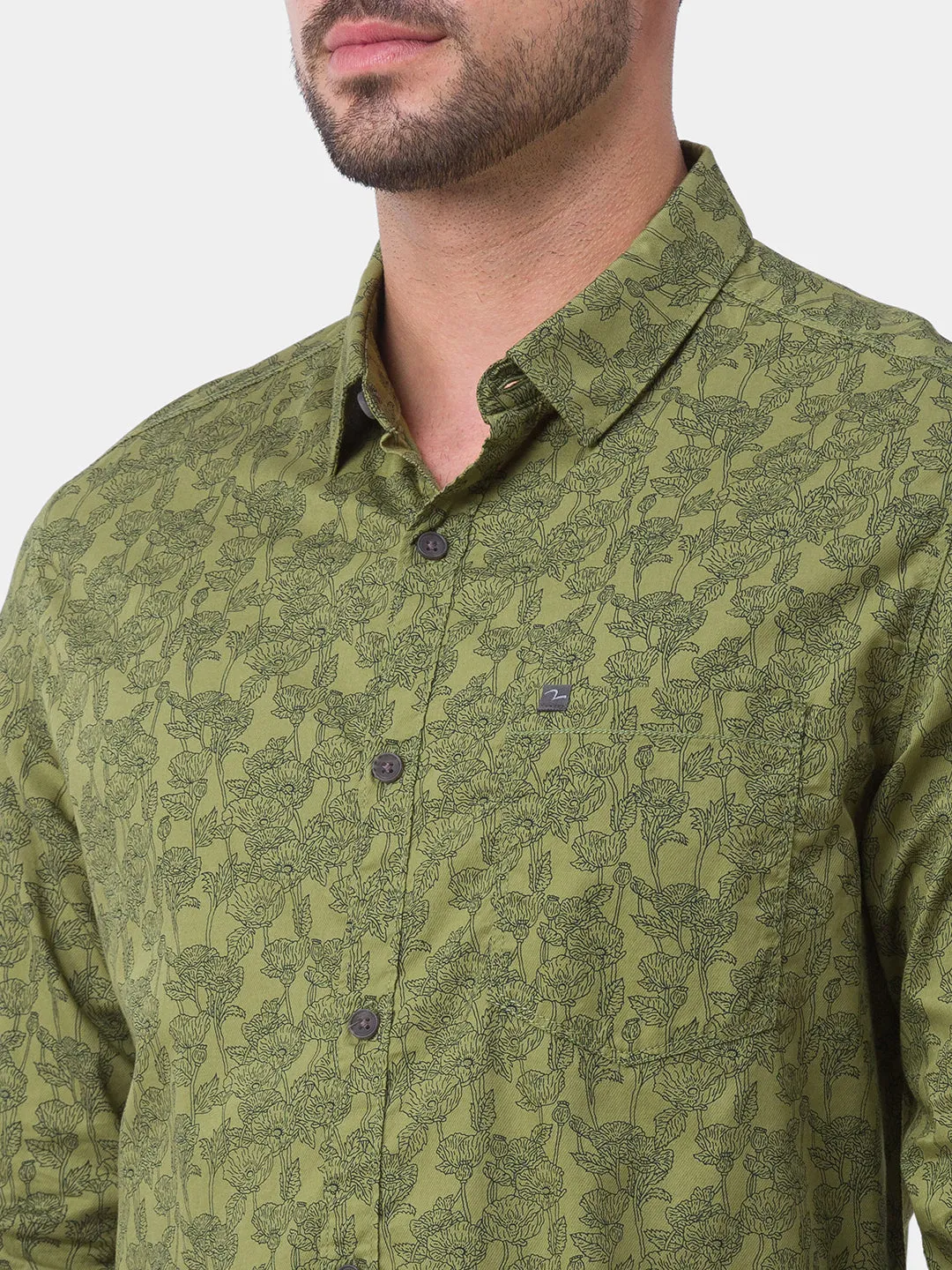 Spykar Moss Green Cotton Full Sleeve Printed Shirt For Men