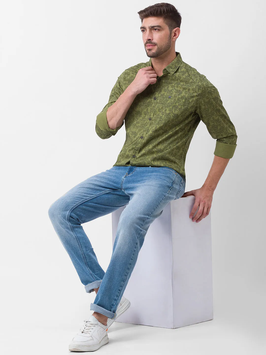 Spykar Moss Green Cotton Full Sleeve Printed Shirt For Men