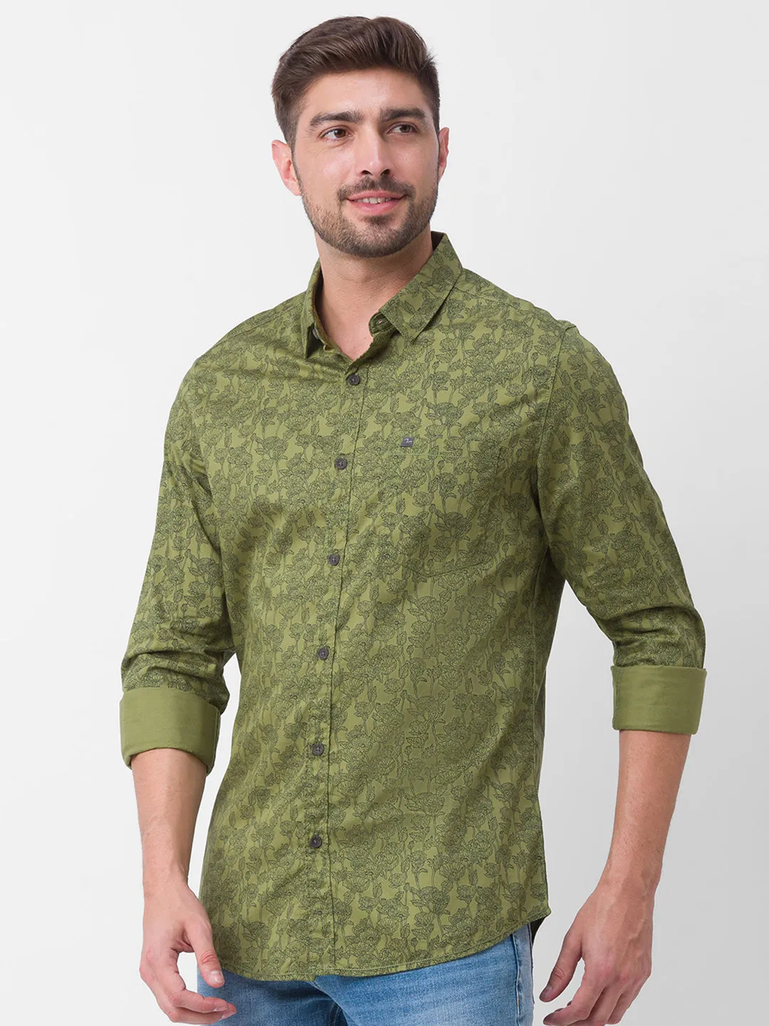 Spykar Moss Green Cotton Full Sleeve Printed Shirt For Men