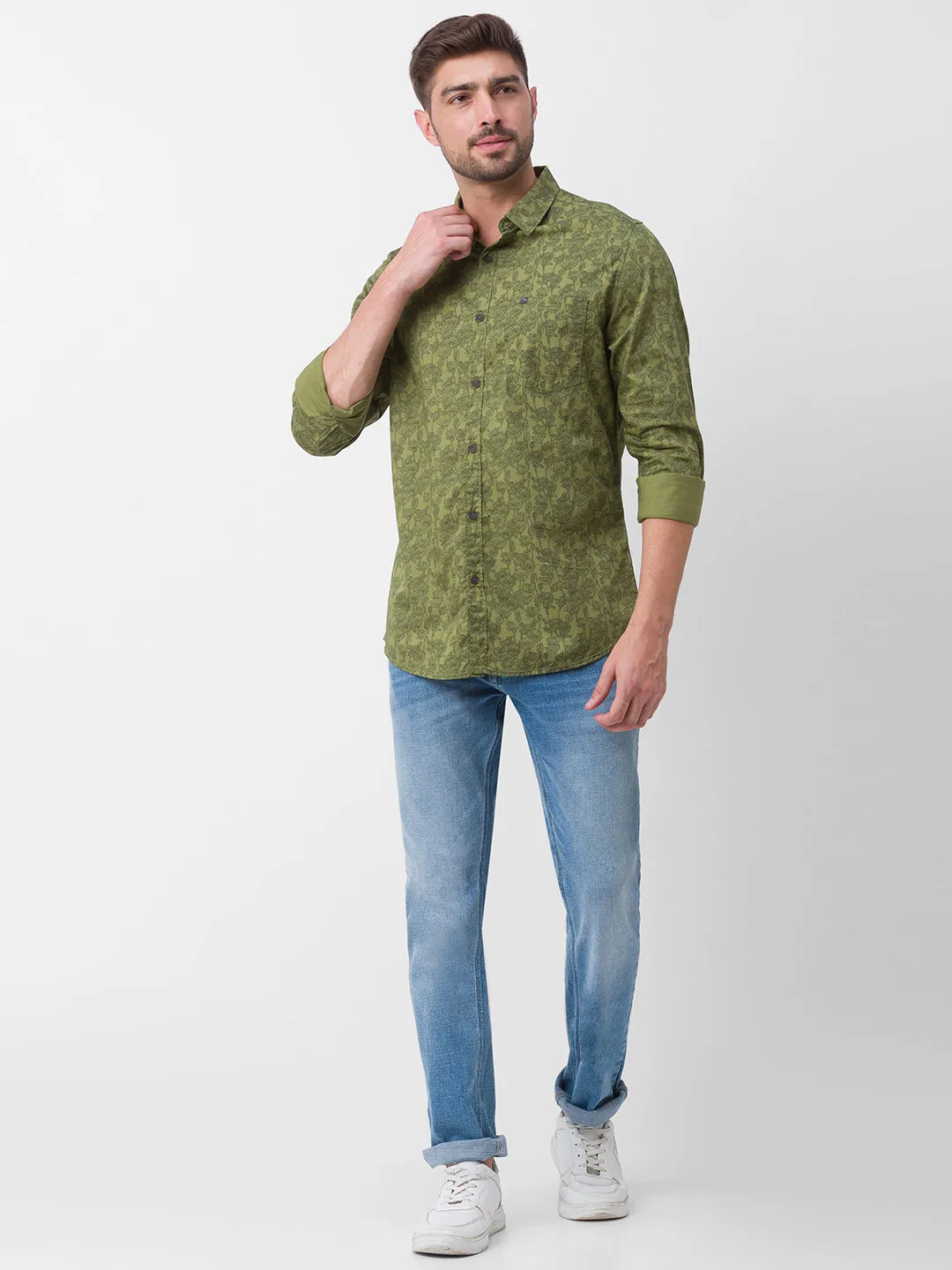 Spykar Moss Green Cotton Full Sleeve Printed Shirt For Men