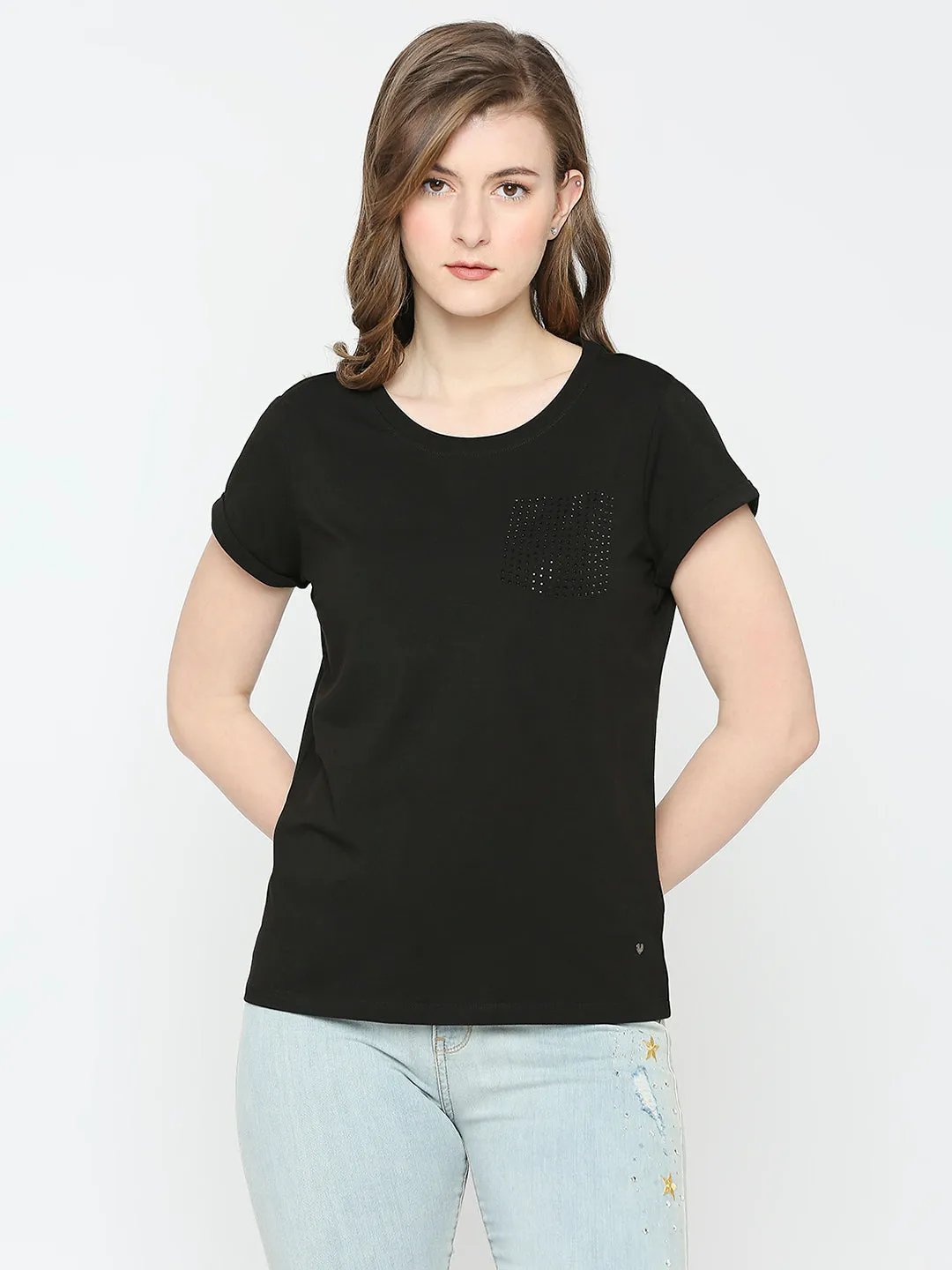 Spykar Women Black Blended Regular Fit Solid Tshirt