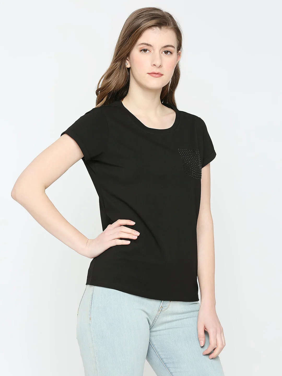 Spykar Women Black Blended Regular Fit Solid Tshirt