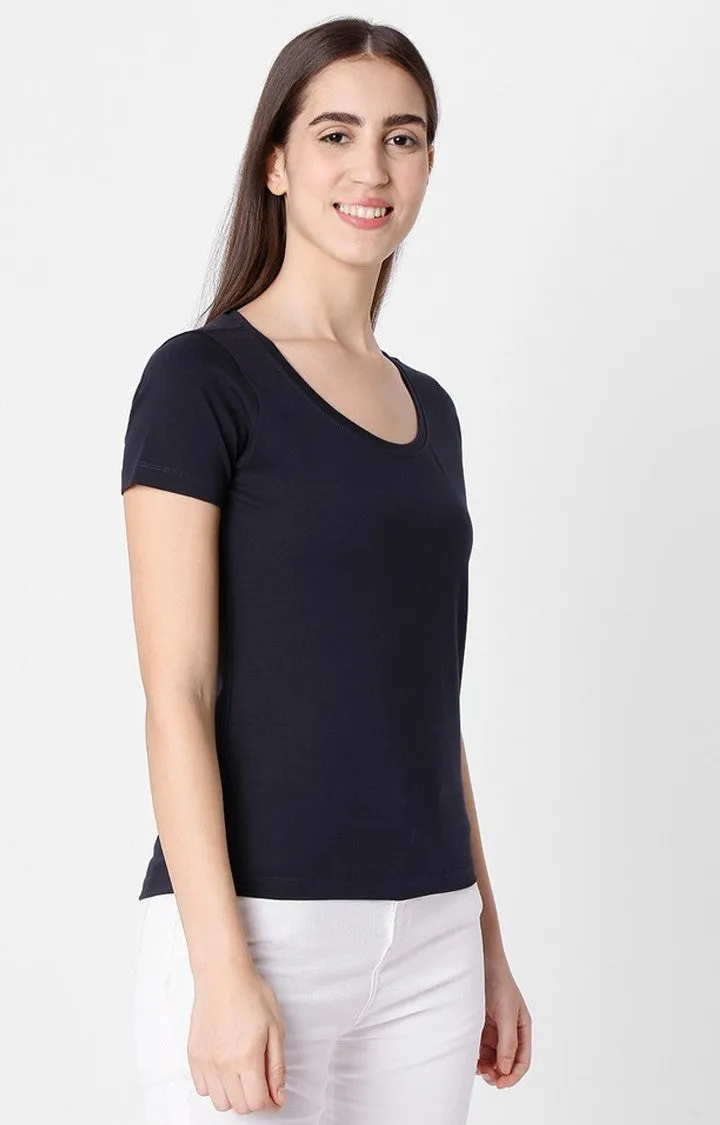 Spykar Women Navy Blue Cotton Slim Fit Half Sleeve Plain T-Shirts