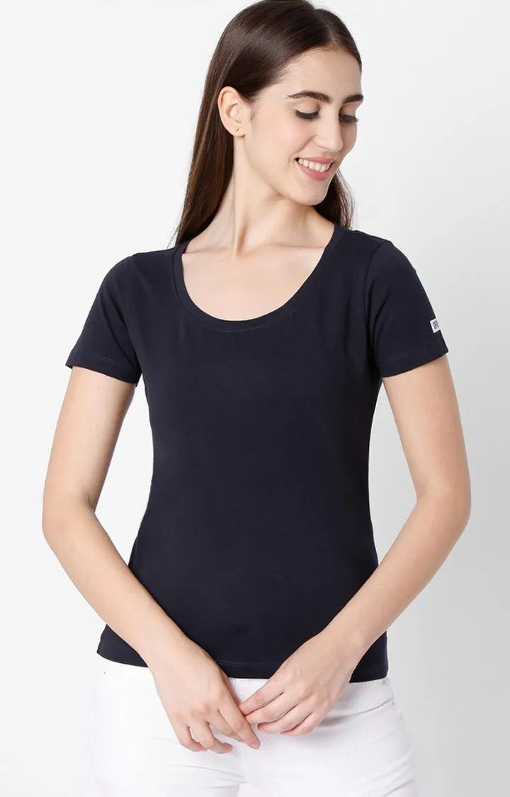 Spykar Women Navy Blue Cotton Slim Fit Half Sleeve Plain T-Shirts