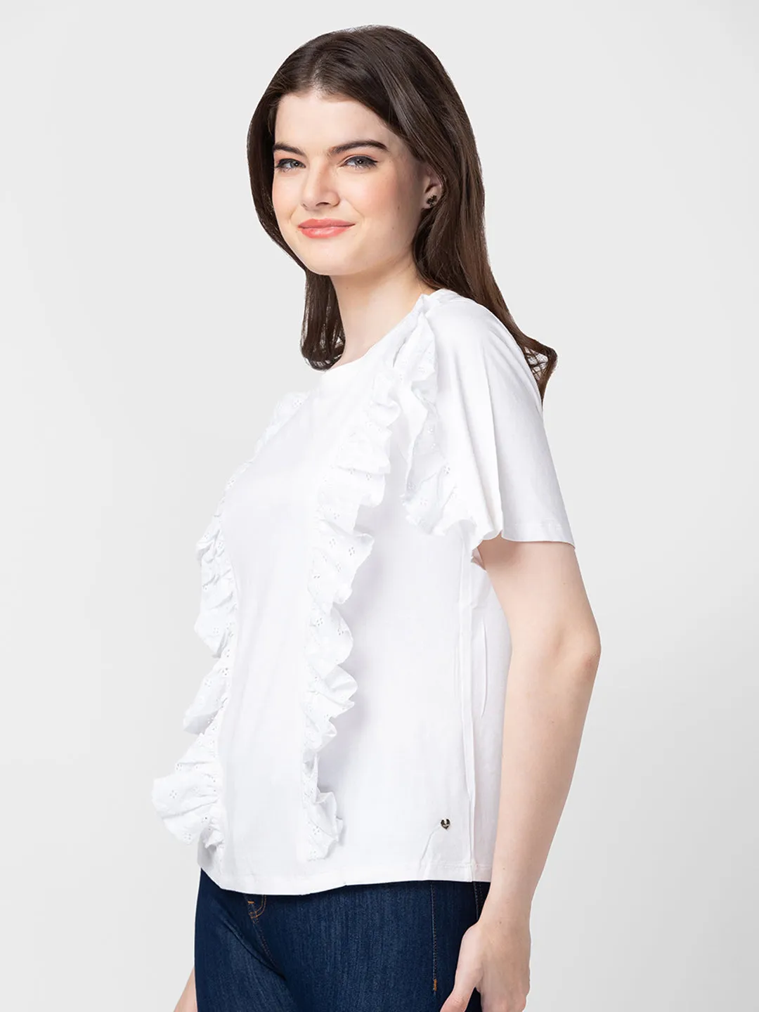 Spykar Women White Cotton Slim Fit Solid T-Shirts