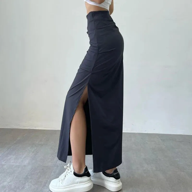 Toleet-Y2K Split Long Skirt Women 2023 Summer Skiny High Waisted Cargo Skirt Woman Black Gray Streetwear Midi Skirts Female