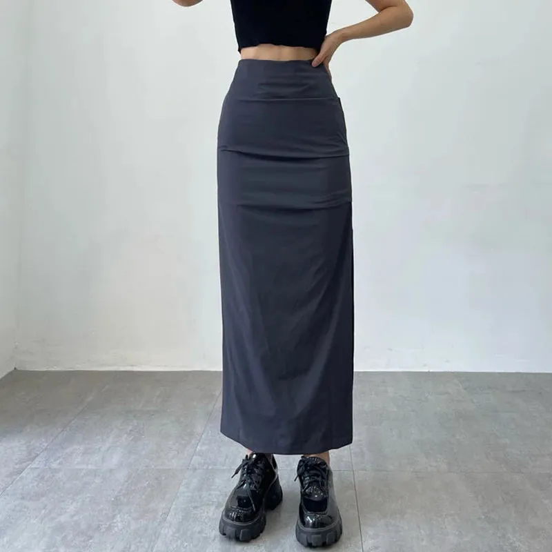 Toleet-Y2K Split Long Skirt Women 2023 Summer Skiny High Waisted Cargo Skirt Woman Black Gray Streetwear Midi Skirts Female