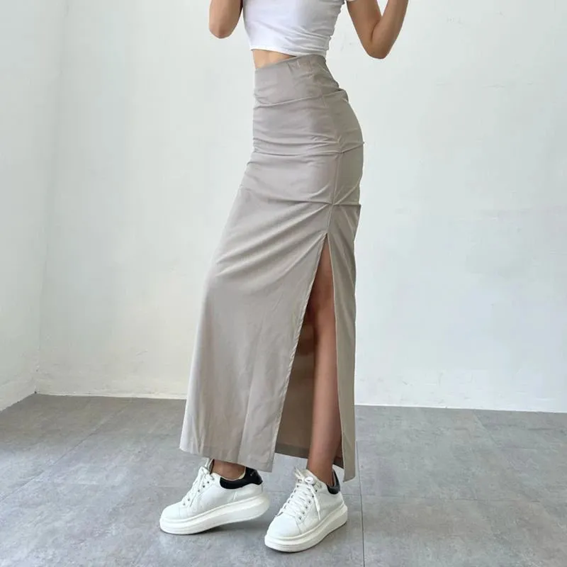 Toleet-Y2K Split Long Skirt Women 2023 Summer Skiny High Waisted Cargo Skirt Woman Black Gray Streetwear Midi Skirts Female