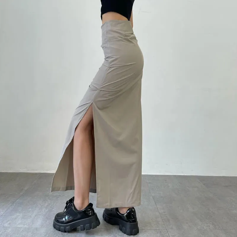 Toleet-Y2K Split Long Skirt Women 2023 Summer Skiny High Waisted Cargo Skirt Woman Black Gray Streetwear Midi Skirts Female