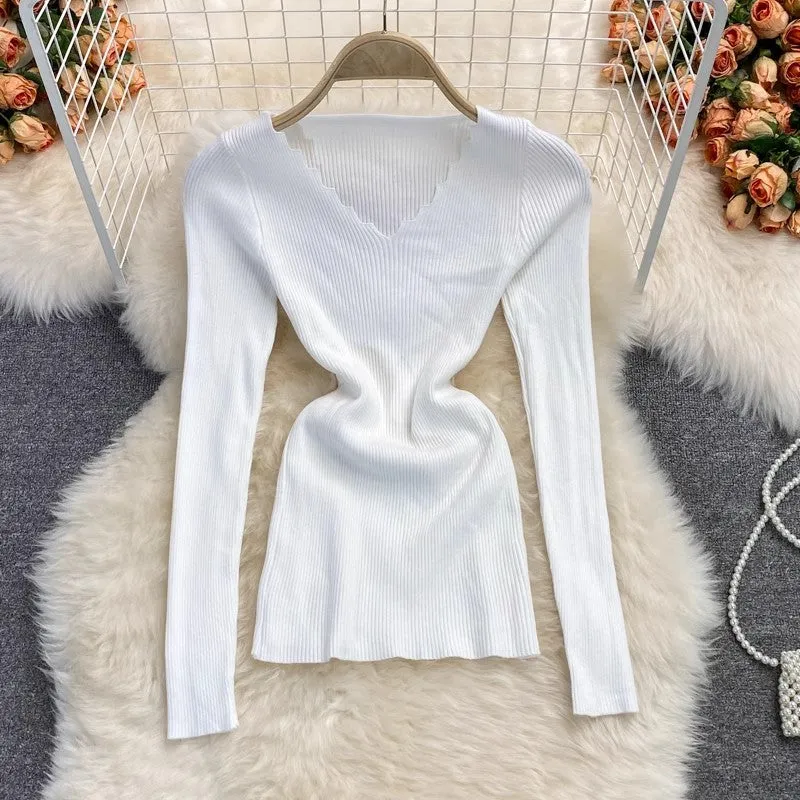 V-neck stretch knitted shirt for women sweater long-sleeved short top    S3977