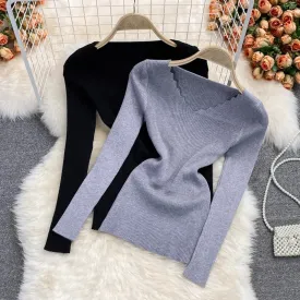 V-neck stretch knitted shirt for women sweater long-sleeved short top    S3977