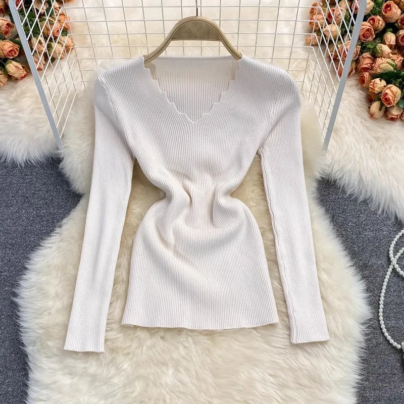 V-neck stretch knitted shirt for women sweater long-sleeved short top    S3977