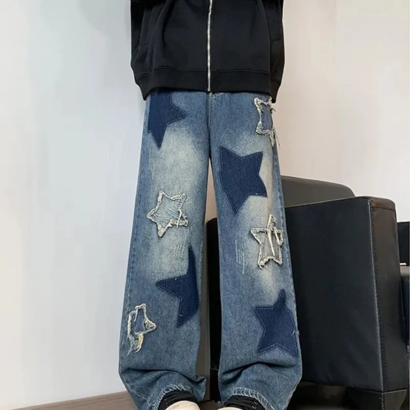 Wiaofellas  -  Star Embroidery Patchwork  Jeans Men Straight Casual Autumn New Wide Leg Hip-hop Fashion Youth Neutral Streetwear Denim Trousers