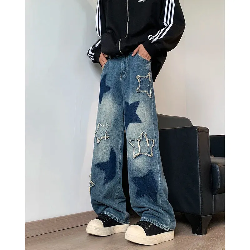 Wiaofellas  -  Star Embroidery Patchwork  Jeans Men Straight Casual Autumn New Wide Leg Hip-hop Fashion Youth Neutral Streetwear Denim Trousers