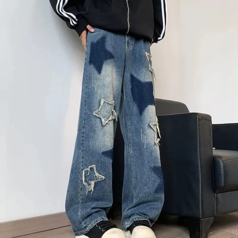 Wiaofellas  -  Star Embroidery Patchwork  Jeans Men Straight Casual Autumn New Wide Leg Hip-hop Fashion Youth Neutral Streetwear Denim Trousers