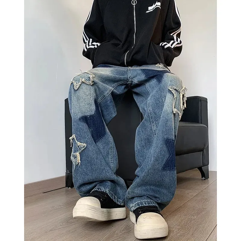 Wiaofellas  -  Star Embroidery Patchwork  Jeans Men Straight Casual Autumn New Wide Leg Hip-hop Fashion Youth Neutral Streetwear Denim Trousers