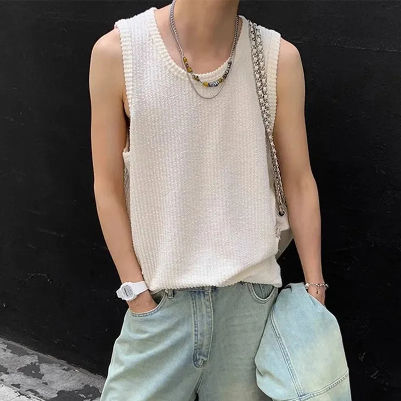 Wiaofellas  - Streetwear Mens Tank Tops Hip Hop Solid Color Slim Fit Sleeveless Camisoles For Men Summer Fashion Ribbed Striped Vest Shirt Man