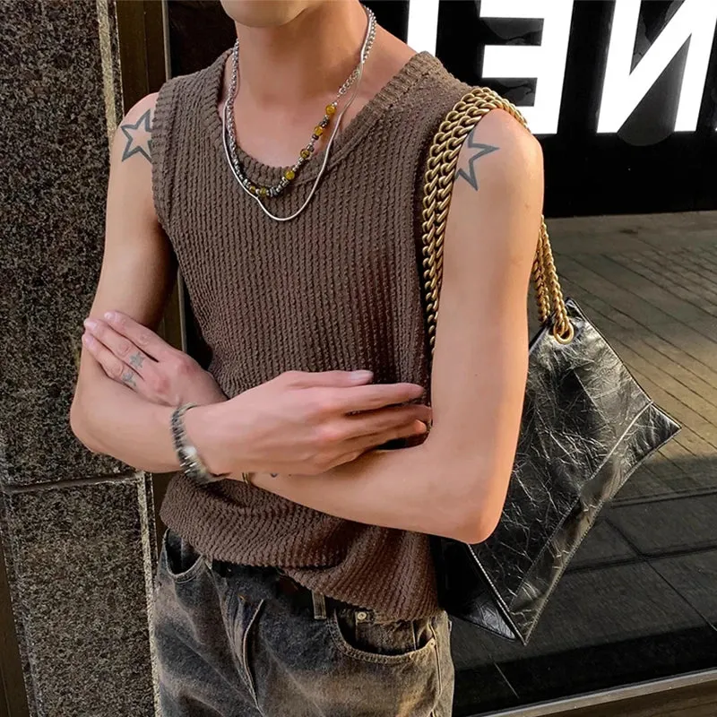 Wiaofellas  - Streetwear Mens Tank Tops Hip Hop Solid Color Slim Fit Sleeveless Camisoles For Men Summer Fashion Ribbed Striped Vest Shirt Man