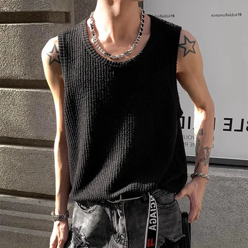 Wiaofellas  - Streetwear Mens Tank Tops Hip Hop Solid Color Slim Fit Sleeveless Camisoles For Men Summer Fashion Ribbed Striped Vest Shirt Man